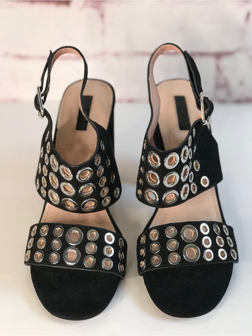 TOPSHOP Black Suede Silver Grommet Block Heel Ankle Strap Slingback Heel NWT 9.5 - Picture 14 of 16